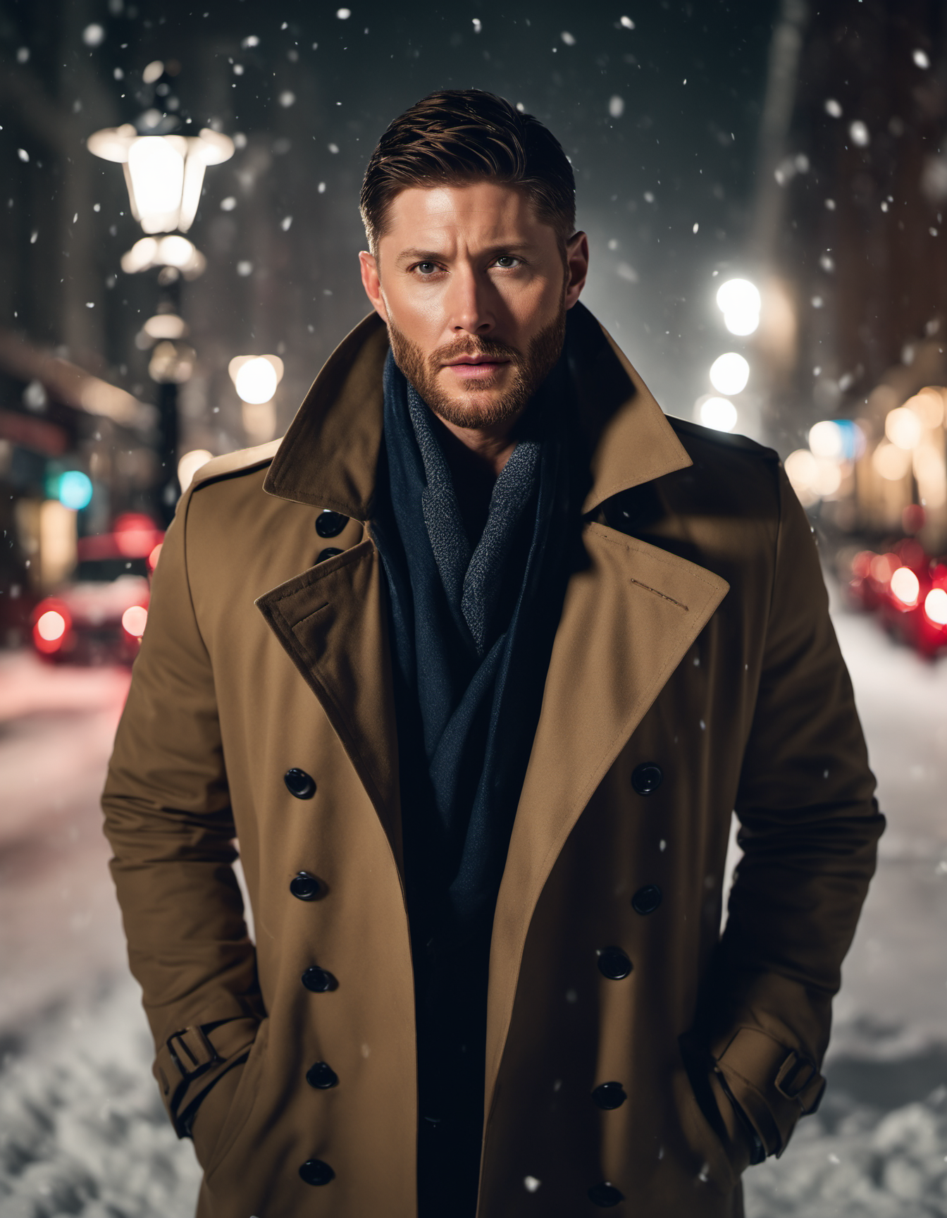 25227-210912435-professional  photograph of jensen ackles, trench coat, serious look, beard, in a crowded city street, under street lights, full.png